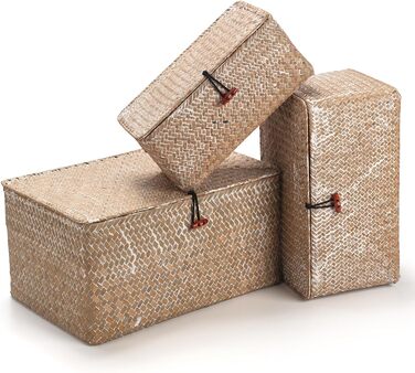 Кошики для зберігання з морської трави з кришкою, 3 шт. (великий, середній, малий), натуральний матеріал, для білизни