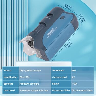 BEBANG Кишеньковий мікроскоп 60x-120x з LED-підсвічуванням, ручний міні-мікроскоп для дітей, студентів та дорослих, для мікробіологічних спостережень