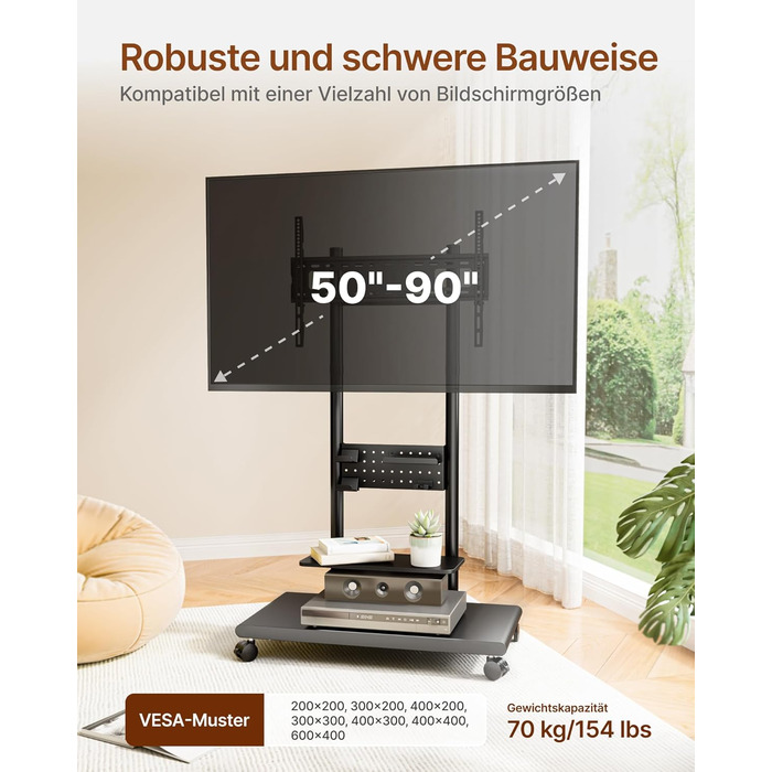 Підставка для телевізора на колесах, 50-90 дюймів, до 70 кг, регульована висота та нахил, з полицями, VESA 600x400 мм