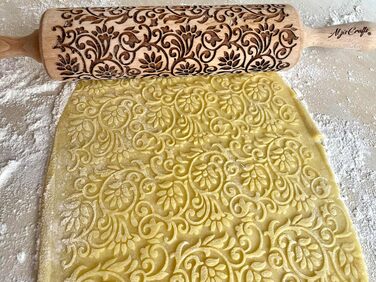 KLETTERBLUMEN Rolling Pin. Rolling pin with flowers for homemade pastries and ceramics. Engraved rolling pin with pattern for DIY kitchen, dough & cookies by Algis Crafts