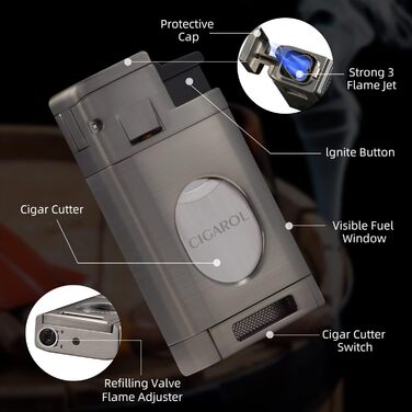 Чохол для сигар з шкіри, вологомір та запальничка 3-в-1, портативний, на 6 сигар, плоский різак, аксесуари, подарунок (чорний)