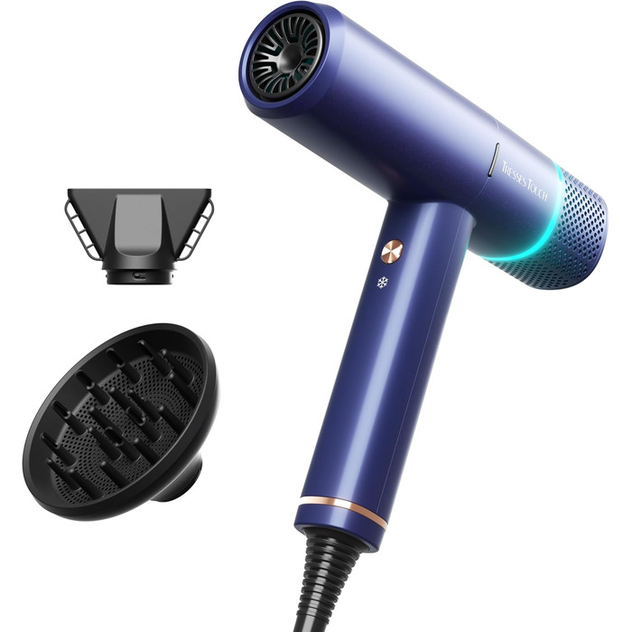 Іонізатор для волосся Föhn: Швидкий фен з дифузором для жінок та чоловіків, 3 режими, 2 швидкості, чорний (блакитний)