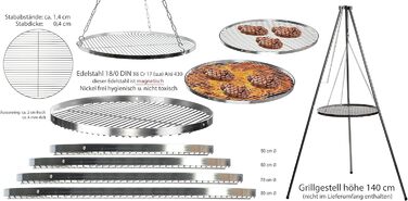 Stainless Steel Grill Grate Swivel Grill Suitable - Stainless Steel 18/0 ASI 430 Nickel-Free - Ø 50 cm