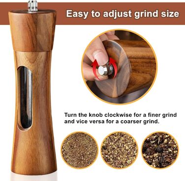 Auciej Salt and Pepper Grinder Wooden Set, Manual Pepper Grinder, Ceramic Grinding Mechanism, Spice Grinder, Salt Grinder with Coaster, Adjustable for Spices, Pepper, Salt, 2-Piece Set, 20 cm
