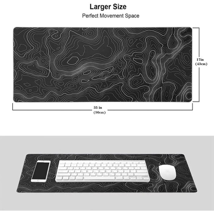 Великий килимок для миші AQQA (88,9 x 43,2 см) з топографічною картою, для геймінгу, офісу та ноутбука, чорний
