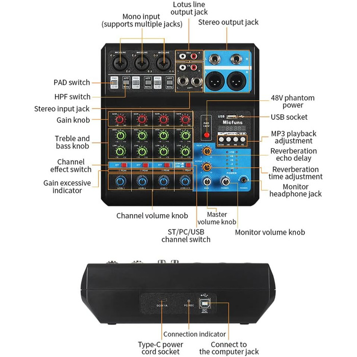 Міні аудіо DJ-мікшер 5-канальний з Bluetooth, USB, MP3, 48V фантомним живленням, стерео, для професійного студійного та сценічного використання, вечірок, KTV