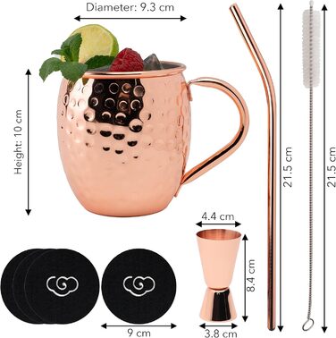 Moscow Mule Mug Set - 4 x 500 ml Copper Mug Set with Stainless Steel Interior - Cocktails, Iced Coffee, Lemonade & Gin Copper Mugs - 4 Straws, 4 Coasters, Jigger & Cleaning Brush