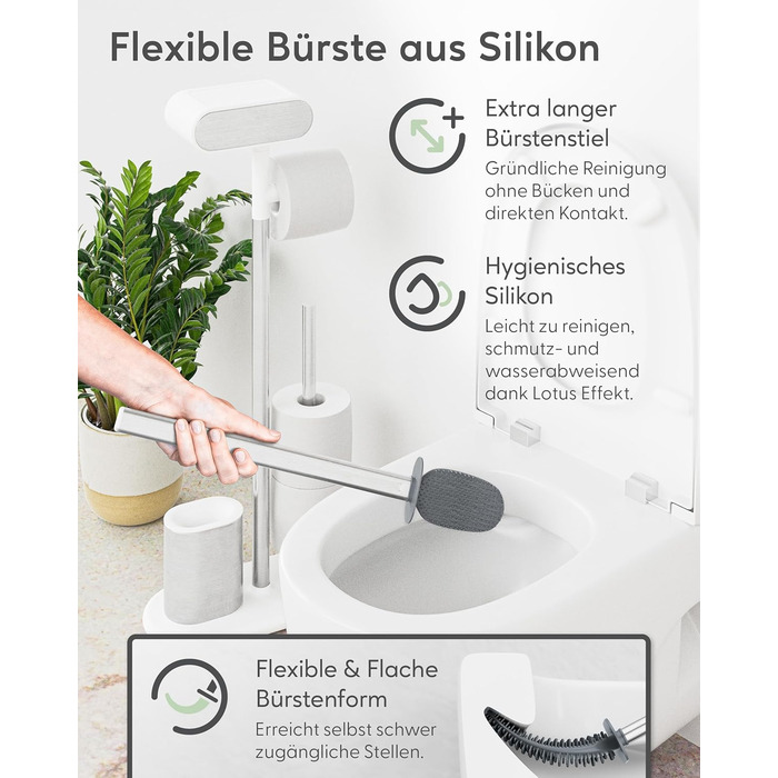 QUALISH Stainless Steel Toilet Paper Holder with Brush - Standing Toilet Paper Roll Holder & WC Kit - White