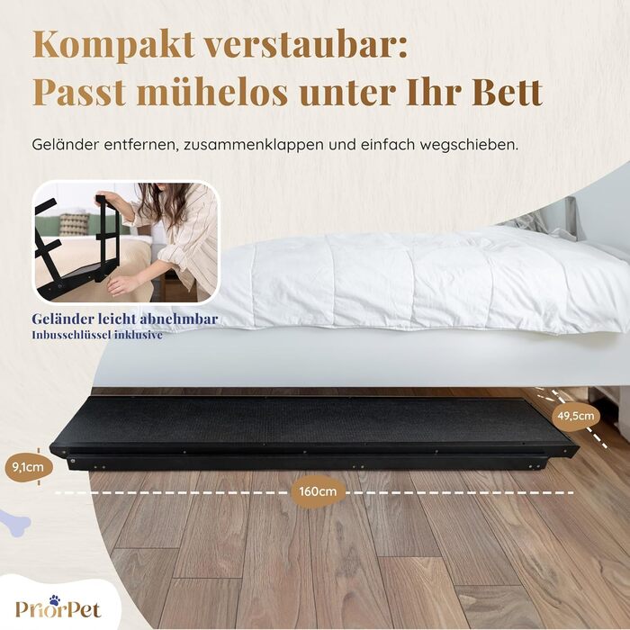 Сходинки для собак до ліжка з поручнями - для великих собак до 90 кг - регульована висота до 94.5 см - ширина 49.5 см - складані - з антиковзним покриттям - з берези - натуральний колір (чорний)