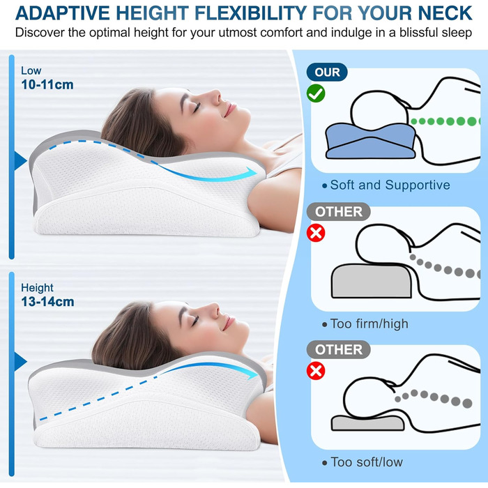 Подушка для шиї Subtail - подушка з піною з пам'яті, ергономічна подушка для сну на боці, спині та животі, сірого кольору