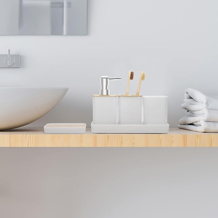 Набір аксесуарів для ванної кімнати FEILANDUO, 5 шт: дозатор для мила, мильниця, тримач для зубних щіток, стакан для води, піднос для косметики, Бохо, сучасний дизайн (білий)