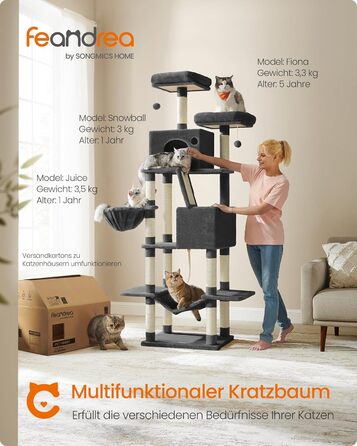 Когтеточка для котів Feandrea XXL, 168 см, з 13 стовпчиками, 2 платформами, 2 печерами, гамаком та іграшками, PCT165G01 (чорний)