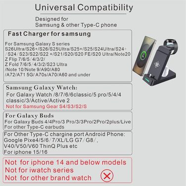Бездротова зарядна станція 3-в-1 Samsung для Galaxy Watch 8/7/6/5/4/3, Buds 4/3/2 Pro, Galaxy S26 Ultra/S25 Ultra/S24/S23/Z Fold7/6/5 - індукційне зарядне пристрої для Android