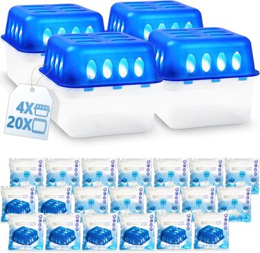 XXL Set: 4 x Dehumidifier Boxes with 20 Refill Packs, Room Dehumidifier, Moisture Stopper with Granule Bags (4 x Box + 20 x Refill Pack 400g)