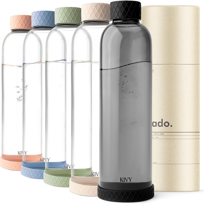KIVY Glass Bottle 1 Liter with Silicone Protection [Extremely Shatterproof] Soda Bottle Glass 1l - Water Bottle Glass 1l - Glass Drinking Bottle - Glass Drinking Bottle 1l - Drinking Bottle made of Glass