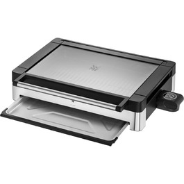 WMF Lono Electric Table Grill with Glass Lid - Non-Stick Coated Plate, Removable Drip Tray, Dishwasher Safe, Matte Stainless Steel, 2200W Single