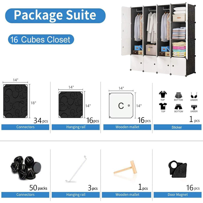 BRIAN & DANY 12-Cube Wardrobe, Modular Closet/Wardrobe Storage Shelf System, Plastic Closet with Doors & 2 Hangers, Additional Stickers Included (16 Cube, Black and White)