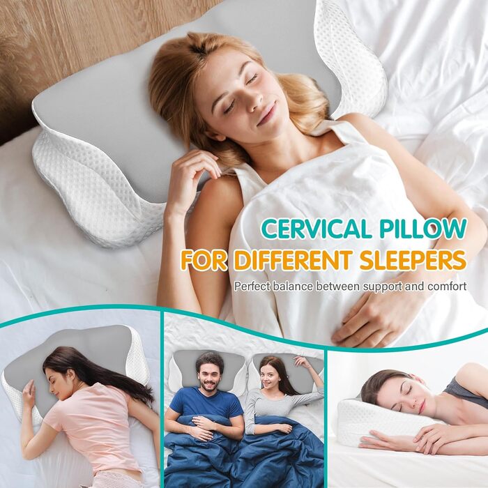 Подушка для шиї Ehomfory з піною Memory Foam, ергономічна подушка для сну на боці, спині та животі, 62x41x9/12 см, сіро-біла