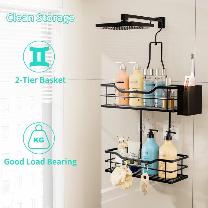 HapiRm Shower Shelf - Hanging Shower Rack 360° Adjustable Hook for Bathroom with 4 Hooks, Hanging Shower Caddy for Shampoo, Conditioner, and Bathroom Storage