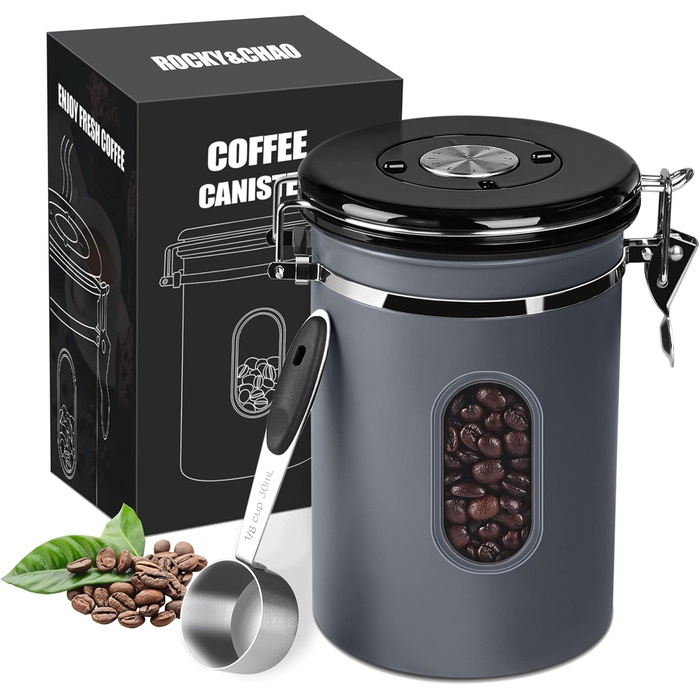 Контейнер для кави ROCKY&CHAO з нержавіючої сталі 1.8L, 600г, з прозорим вікном, для кавових зерен, чаю, горіхів, какао. Зберігає свіжість довше (1.5L-Сірий)