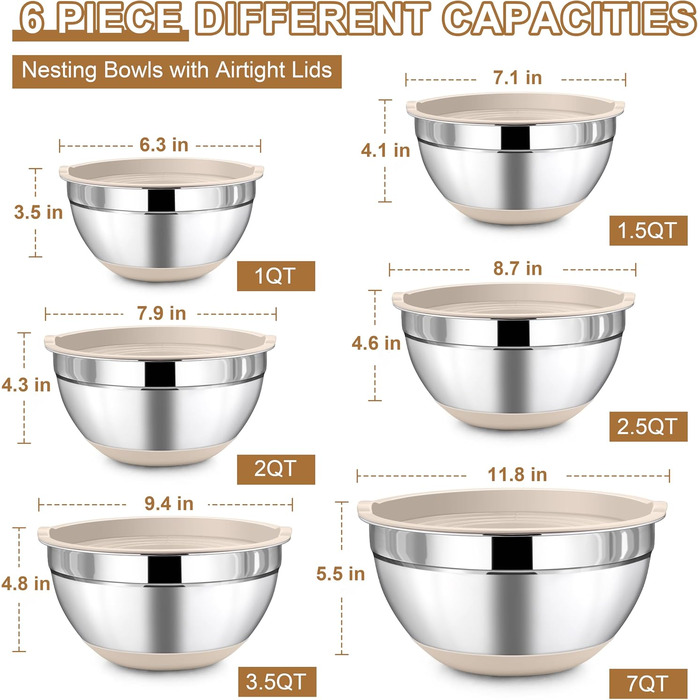 Набір місткостей для змішування LIANYU з герметичними кришками, stainless steel, 6 шт., для кухні та випічки (Khaki), об'ємом від 0.9 до 6.6 л
