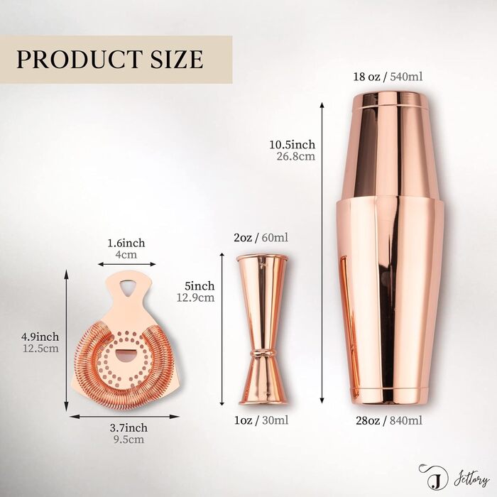 Boston Shaker Set - 4-Piece Cocktail Shaker Kit with 18/28 oz Boston Shaker Stainless Steel, Strainer, and Jigger, in a Stylish Gift Box - Ideal for Home Bar Use. (Rose Gold)