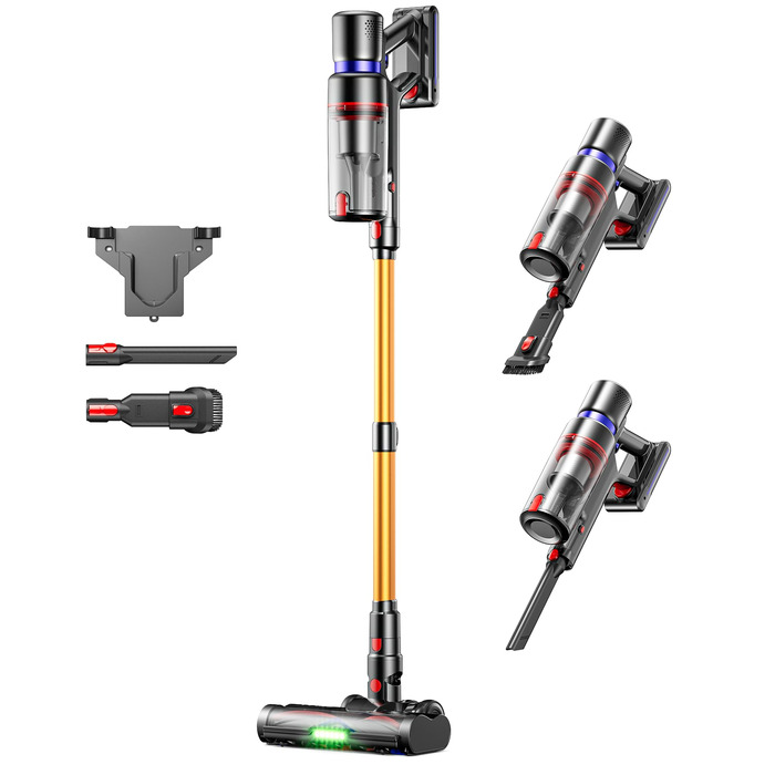 Бездротовий акумуляторний пилосос 600W з потужністю всмоктування 50KPA, 70 хвилин роботи, самостійна парковка, антизаплутана щітка та LED-дисплей, 8-ступенева фільтрація, кріплення на стіну, для шерсті тварин/килимів/твердих поверхонь/автомобіля (фіолетов