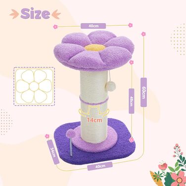 Flower Cat Tree - Small Cat Tree for Indoor Cats with Super Thick Scratching Post [Dia=14cm], Detachable Flower Cat Bed, Feather Ball - (Purple)