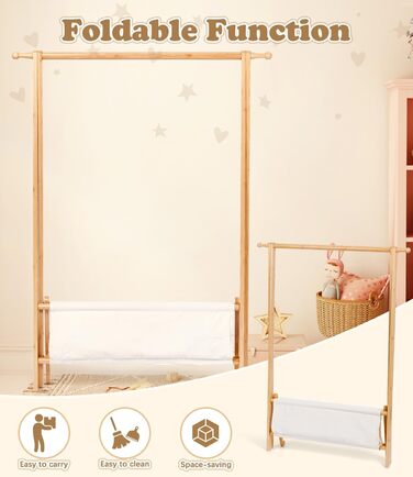 Relquorax Bamboo Children's Clothes Rack with Storage Bag and Clothes Rail, Dress-Up Stand, Small Wardrobe Rack, for Costumes in Children's Rooms (Natural Color)