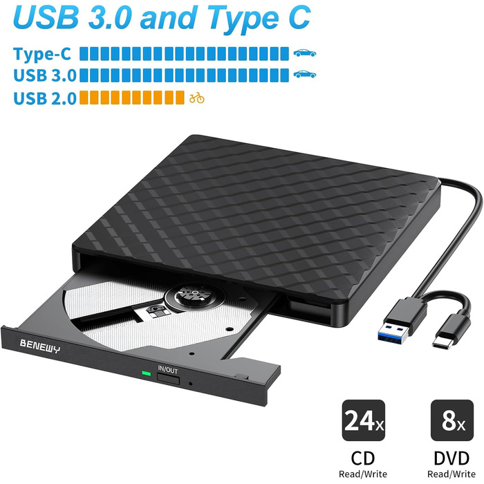 Зовнішній DVD CD привід BENEWY USB 3.0 та Type-C, портативний DVD-плеєр та записувач +/-RW для ноутбука, ПК, MacBook (Windows, Linux, Mac), чорний