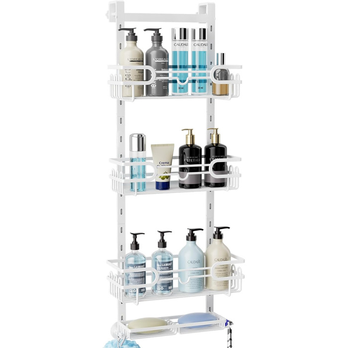 HapiRm Shower Shelf - Hanging Shower Rack Adjustable with 4 Shower Baskets, Shower Shelf No Drilling with Soap Dish and Hooks, Shower Shelf Over the Door Glass Wall & Bathroom Door (White)