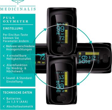 Пульсоксиметр на палець Medicinalis - вимірювання SpO2, пульсу, OLED дисплей, індикатор заряду батареї, тривога, однокнопкове управління, чорний