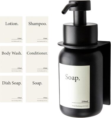 Designfabrik Hamburg | Self-Adhesive Wall-Mounted Glass Soap Dispenser | Stainless Steel Pump Dispenser for Liquid Soap | Dish Soap Dispenser No Drilling Required | with Wall Holder | Black/Black