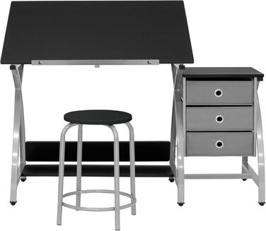 SD Studio Designs Comet Center Plus Craft Table & Stool Set with Storage - Adjustable Top - Silver/Black