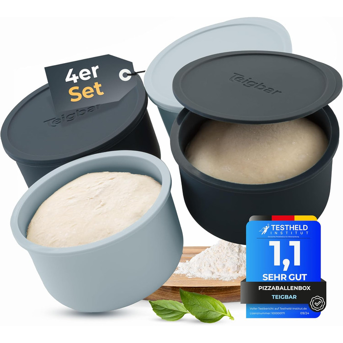 Pizza Ball Box with Lid, Set of 4 - Space-saving dough box made of non-stick silicone - Up to 350g pizza dough box - Proofing box, pizza accessory, pizza box - Black/Grey - Ø13cm