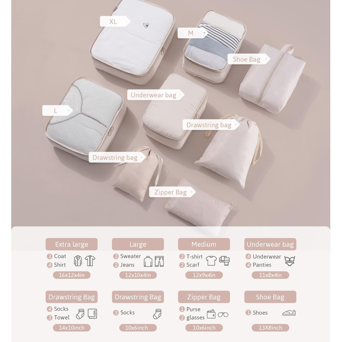 Органайзер для валізи Meowoo, 8 шт. - набір кубиків для пакування, валізні органайзери для подорожей та бізнесу, сумки для одягу, система зберігання багажу (Бежевий)