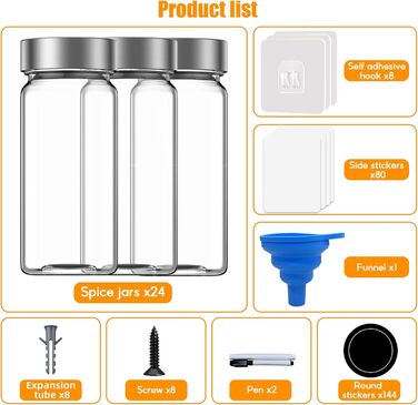 Спеція органайзер з 24 скляними баночками та етикетками, без свердління, настінний, підходить для стін та шаф, комплект з 4 шт.