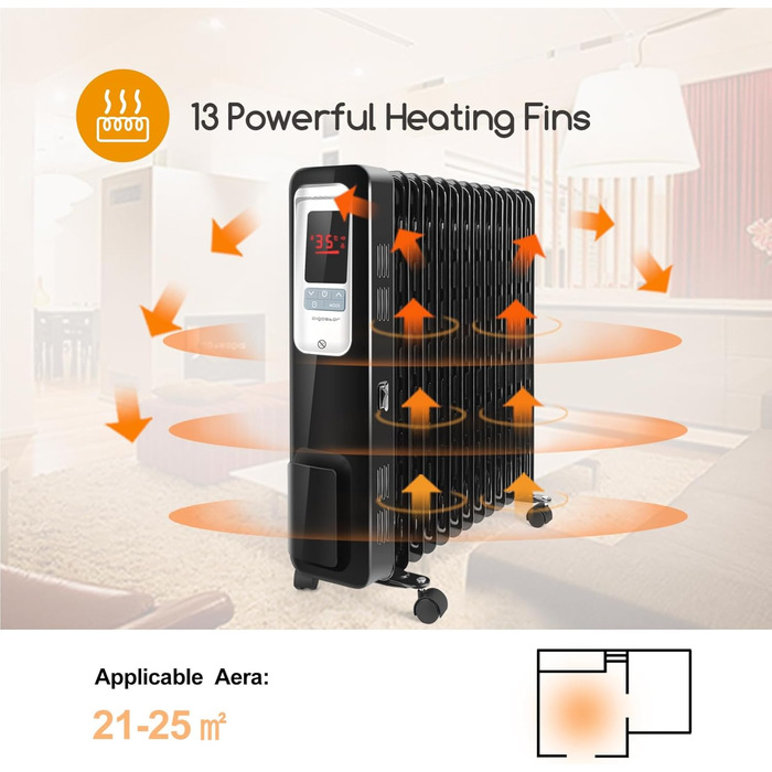 Електричний масляний радіатор Aigostar Oil Monster 33JHH - 2500W з LCD-дисплеєм, 13 ребер, термостатом та дистанційним керуванням