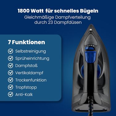 Праска Clatronic® з нержавіючою сталевою підошвою | 1800W | Праска з парою | 150мл резервуар | швидкий нагрів | Праска з захистом від протікання та від накипу | DB 3703
