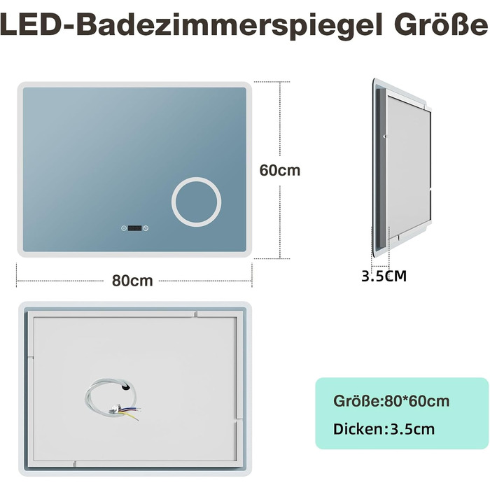 LED дзеркало для ванної кімнати 80x60 см з підсвічуванням, 3 кольори, регулювання яскравості, антизапарник, годинник, 3x збільшення