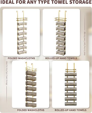 Настінний тримач для рушників у ванну кімнату, без свердління, 6-рівнева наддверна полиця для рушників, багаторівневий тримач для рушників на двері, для складених рушників (Золотий, 8 ярусів)