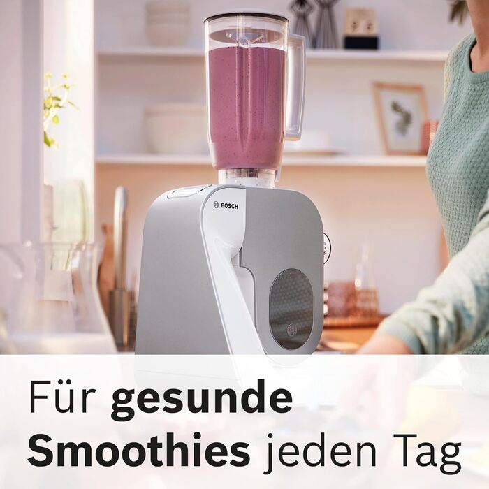 Кухонний комбайн Bosch Serie 4 MUM58W20, 1000 Вт, 3,9 л, міксер 1,25 л, планетарне змішування, насадки з нержавіючої сталі, білого/сріблястого кольору