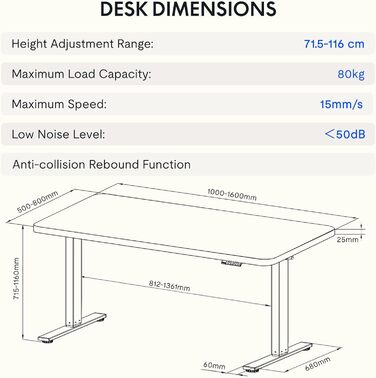 Регульований за висотою стіл FLEXISPOT 160x80 см з гачками, 25 мм стільниця, LED-дисплей та функція пам'яті (Акорн, Білий)