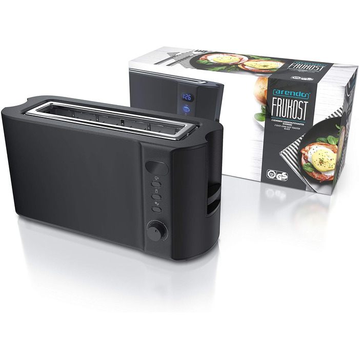 Arendo - 2-Slice Long Slot Toaster - Defrost Function - 1000 W - Double-walled Housing - Integrated Roll Attachment - Browning Levels 1-6 – Display with Remaining Time Indicator - Stainless Steel Black Matte A: Black Matte