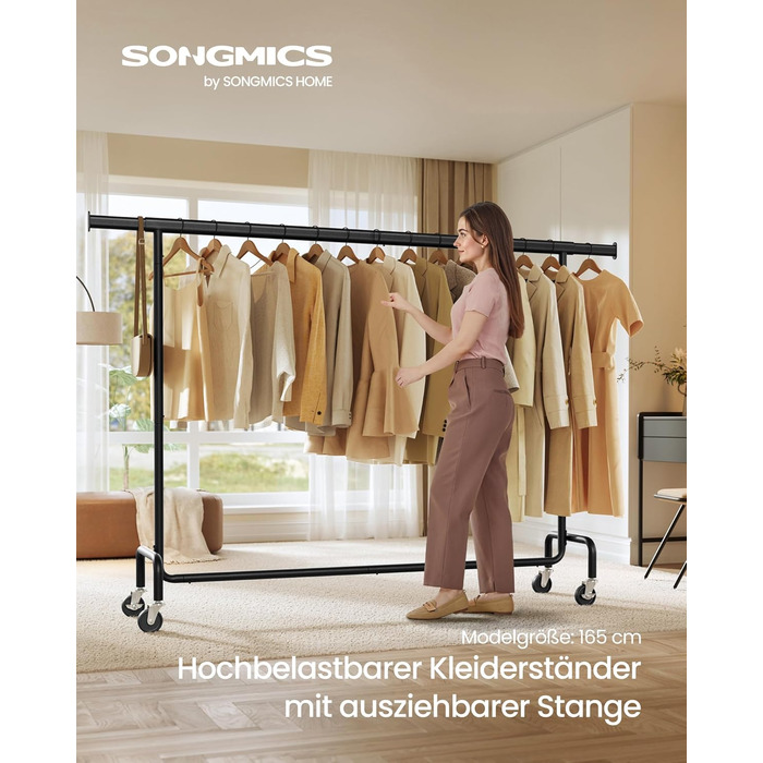 SONGMICS Clothes Rack with Wheels, Coat Rack, Heavy-Duty, Extendable Clothes Rod, Holds up to 110 kg, 45 x (160-200) x 162.9 cm, Metal, Chrome, HSR176E01 ((160-200)B cm, Matte Black)