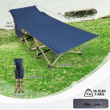 Розкладне ліжко REDCAMP для дорослих, 190 x 71 x 38 см, XXL, до 226 кг, для кемпінгу, відпочинку на природі, саду, дому, темно-синій (темно-синій кемпінг-ліжко + синій матрац)