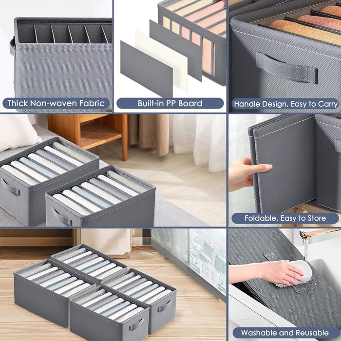 Closet Organizer, 6-Piece Closet Organizer Folding Storage Box, 7-Compartment Drawer Organizer, Closet Organization System for Clothes, Pants, Sweaters