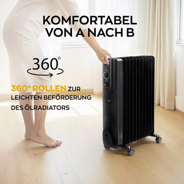 Електричний масляний радіатор Heinrich з 13 ребрами, 2500W, з вентилятором, терморегулятором, захистом від перегріву та нахилу, чорний