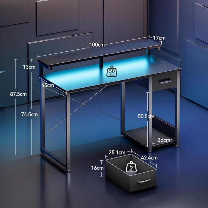 Ігровий стіл Coleshome з LED-підсвіткою та підставкою для монітора, 100×45 см, чорний