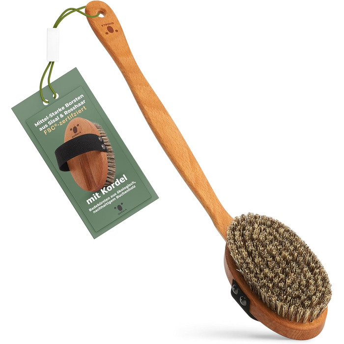 Premium Bath Brush/Body Brush – FSC certified, natural bristles (sisal & horsehair) & cord – body brush with long handle for back, dry & wet brush – 100% Made in Germany